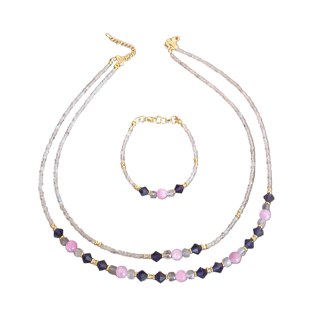Parure collier deux rangs & bracelet - Kunzite, Labradorite Grade A & Laiton Plaqué or 18K
