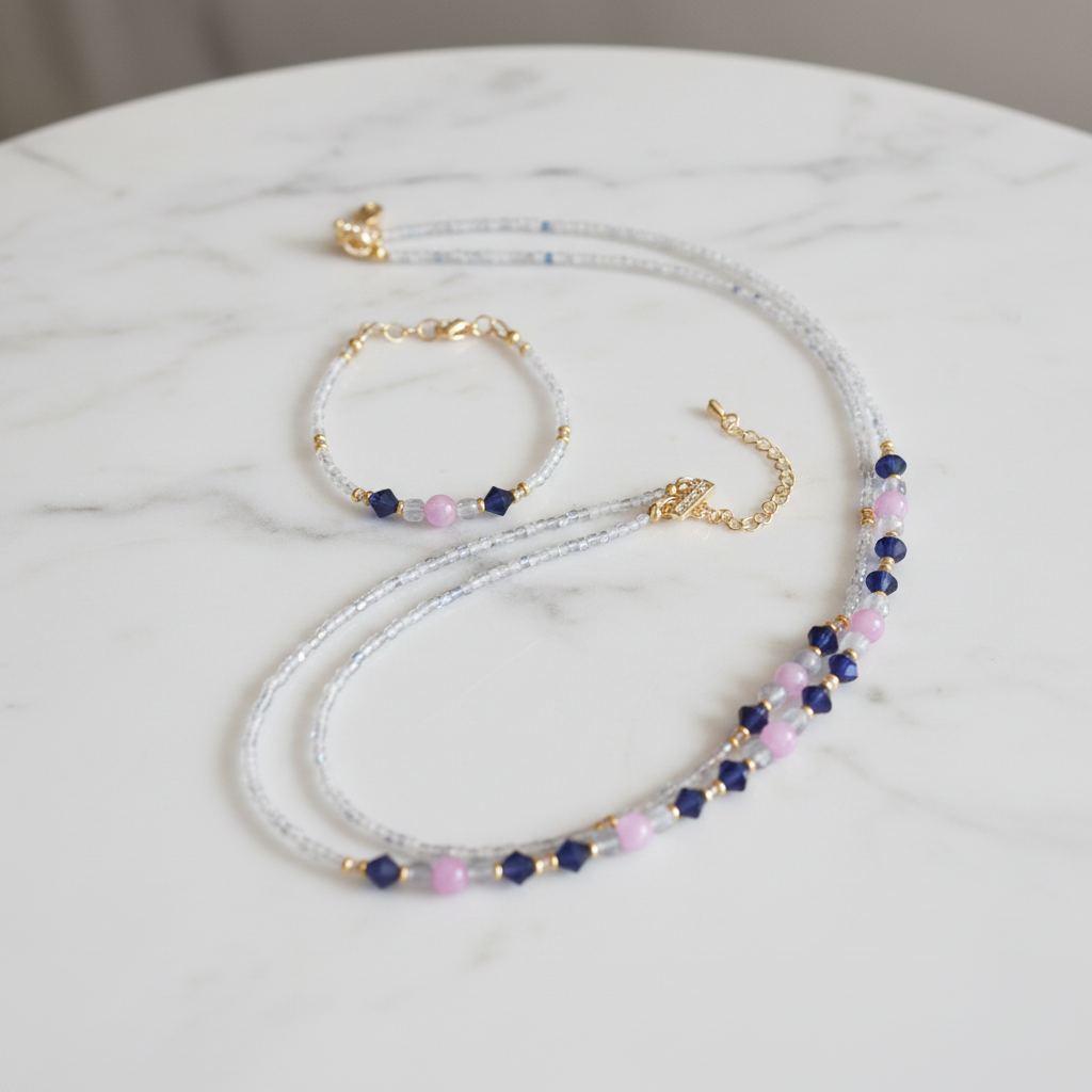 Parure collier deux rangs & bracelet - Kunzite, Labradorite Grade A & Laiton Plaqué or 18K