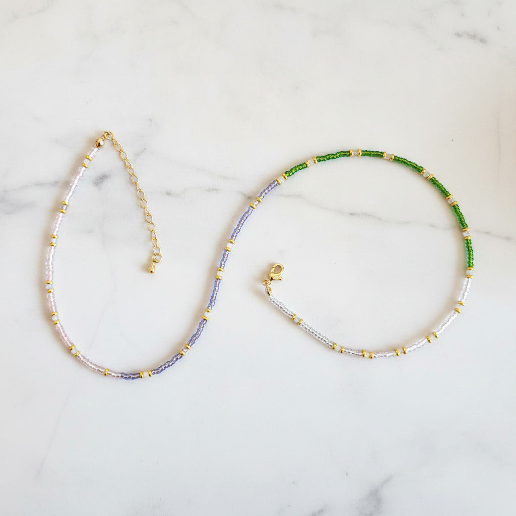 Collier en labradorite grade A, perles Miyuki multicolores & Laiton Plaqué Or 18K