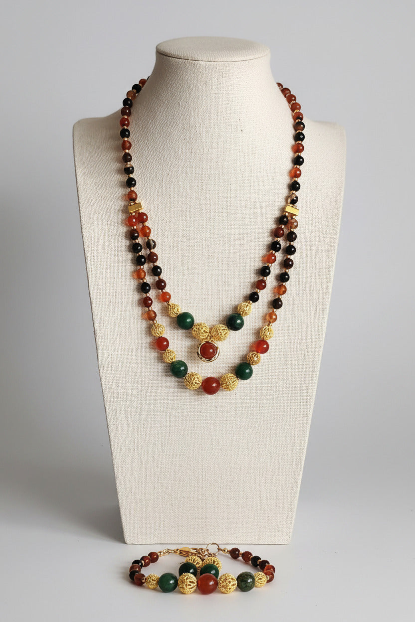 Noblesse d'Automne - Agate, Fuchsite & Acier Inoxydable Doré