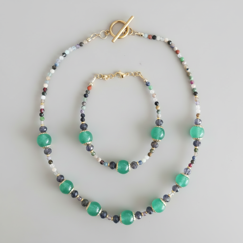 Ensamble Agate Verte & Pierres Multicolores - Acier Inoxydable Doré