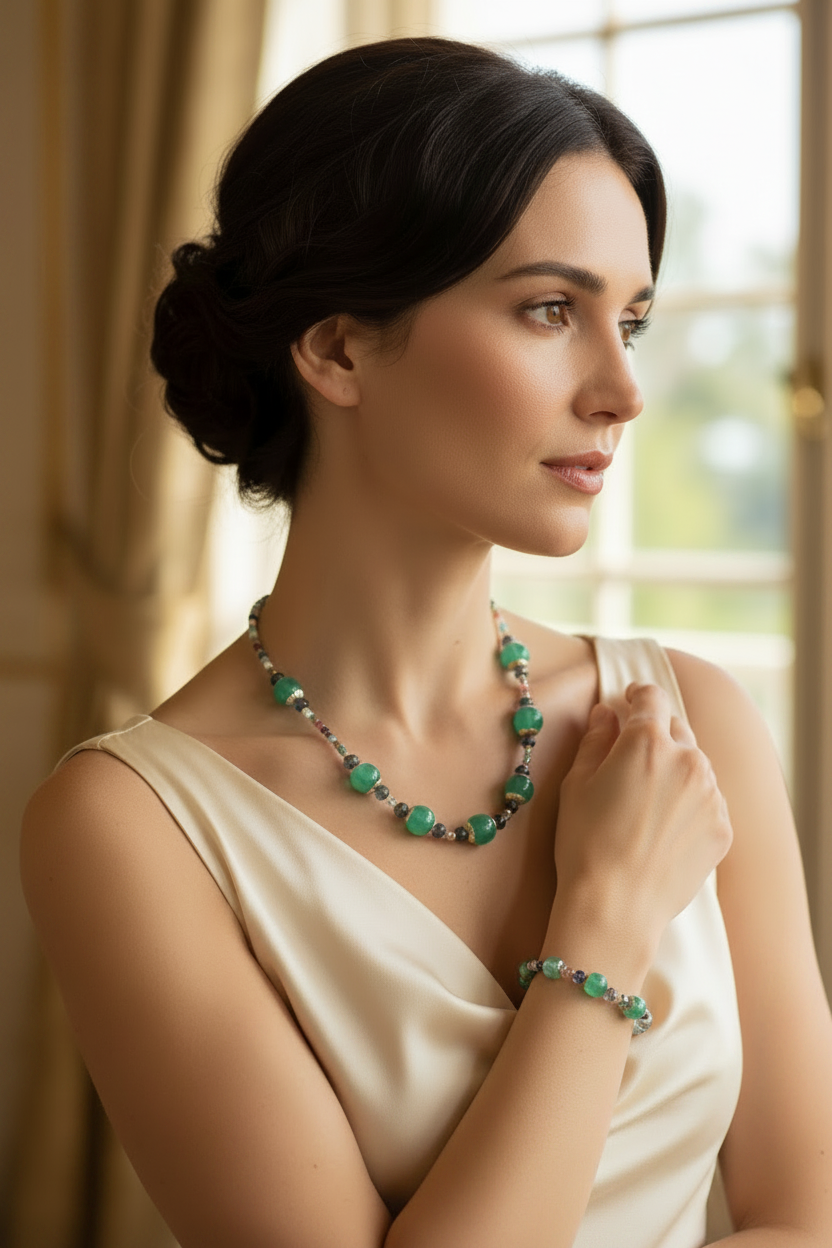 Ensamble Agate Verte & Pierres Multicolores - Acier Inoxydable Doré