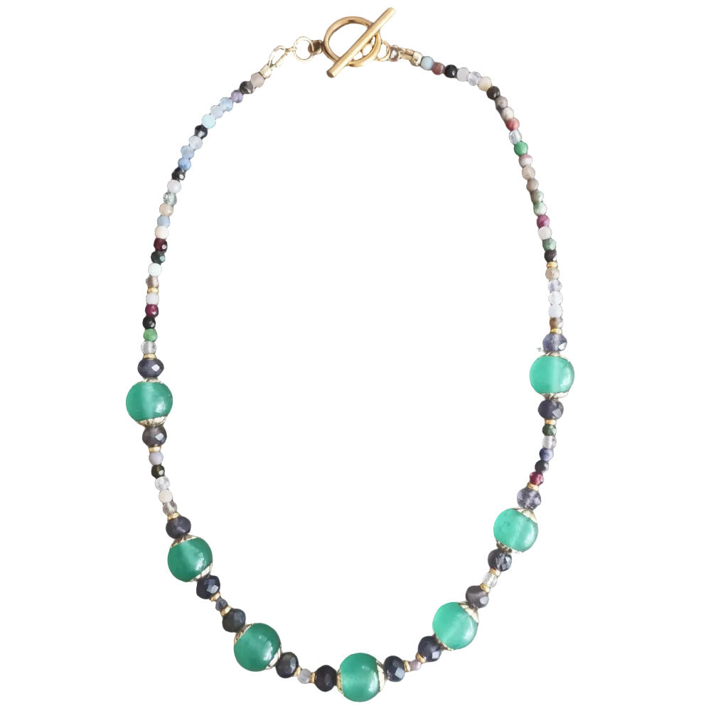 Ensamble Agate Verte & Pierres Multicolores - Acier Inoxydable Doré