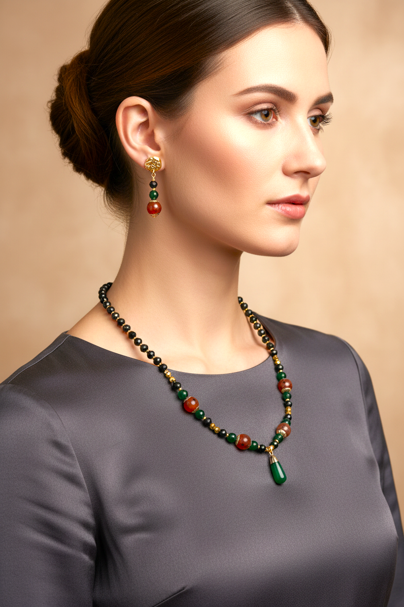 Parure Unique Velora - Set Collier & Boucles d'Oreilles en Spinelle, Fuchsite & Or 18K