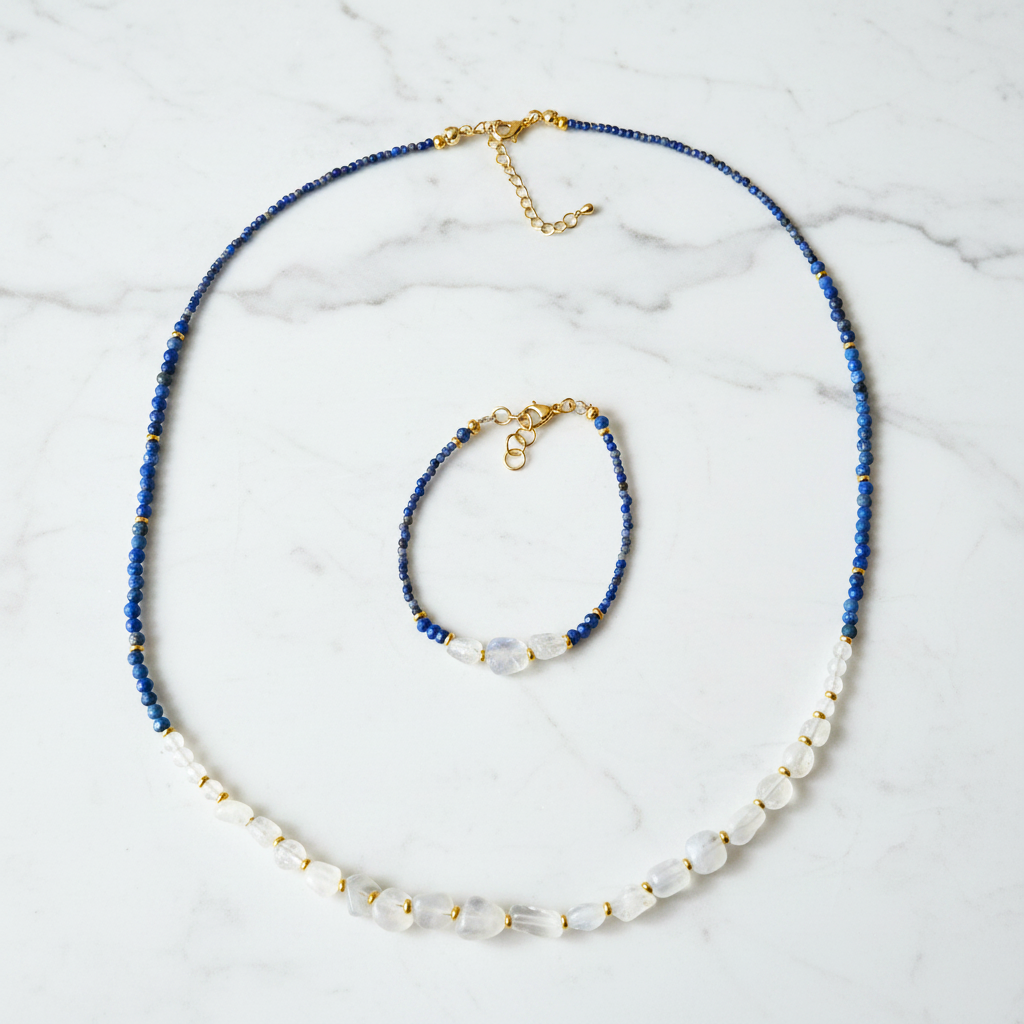Ensemble Harmonie Céleste - Pierre de Lune (AAA) & Lapis-Lazuli - Laiton Plaqué Or 18K