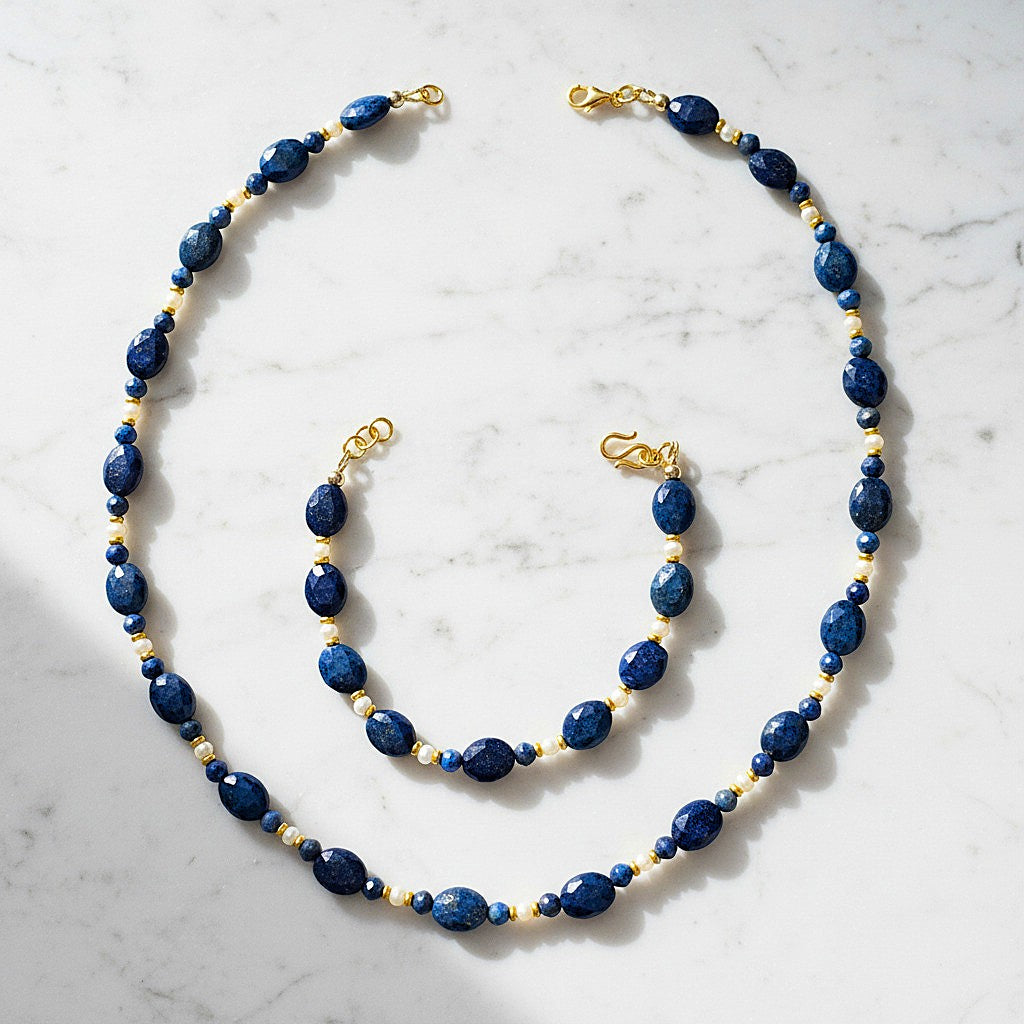 Ensamble Lapis-Lazuli Naturel & Perles d'Eau Douce – Argent 925 Plaqué Or