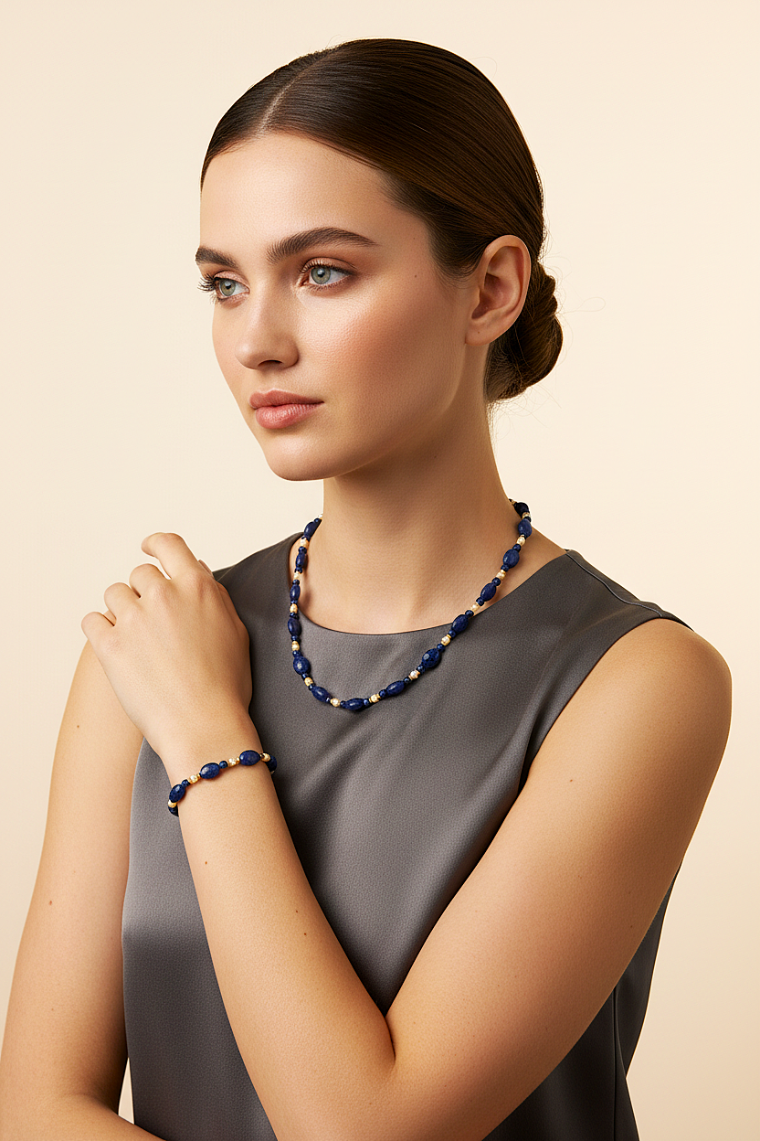 Ensamble Lapis-Lazuli Naturel & Perles d'Eau Douce – Argent 925 Plaqué Or