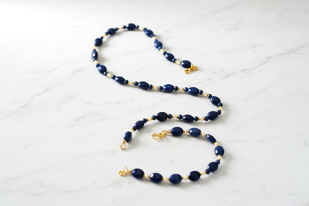Ensamble Lapis-Lazuli Naturel & Perles d'Eau Douce – Argent 925 Plaqué Or