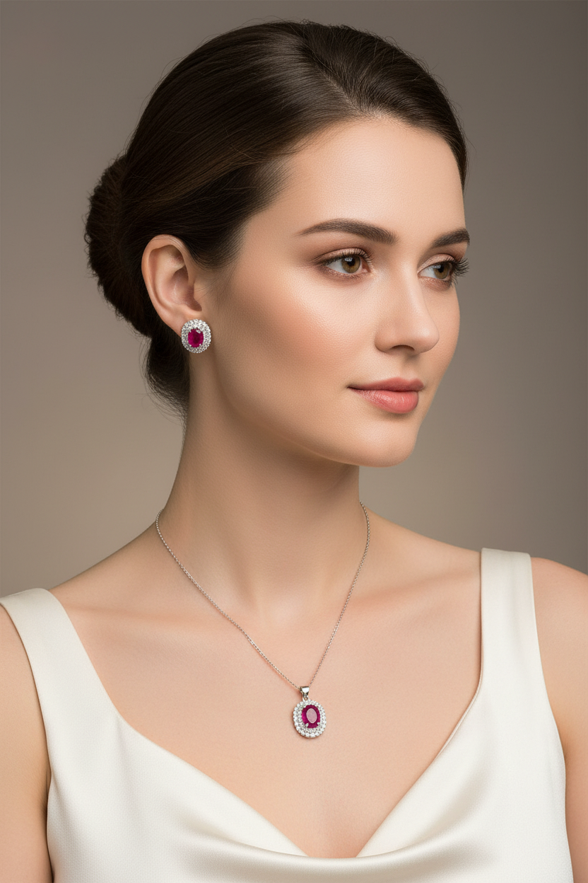 Splendide parure ornée de Rubis & Argent 925 Rhodié