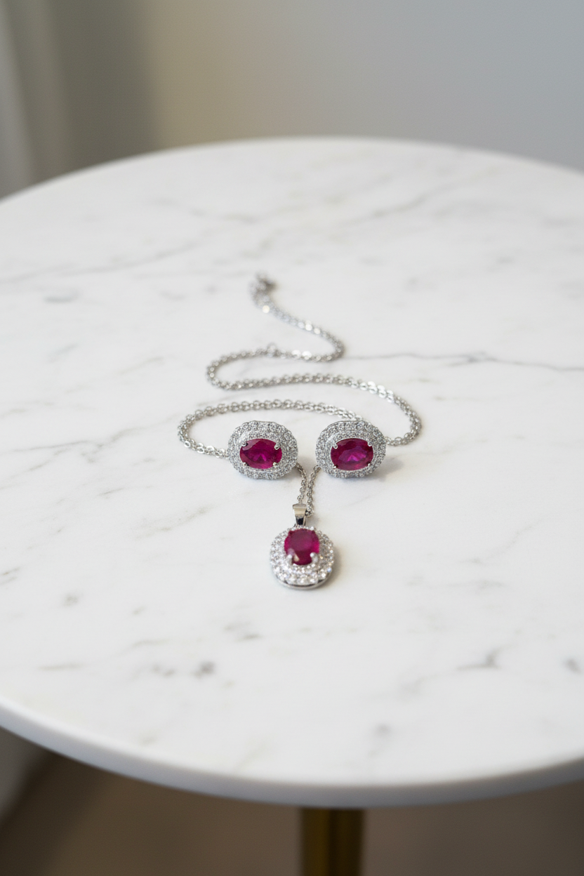 Splendide parure ornée de Rubis & Argent 925 Rhodié