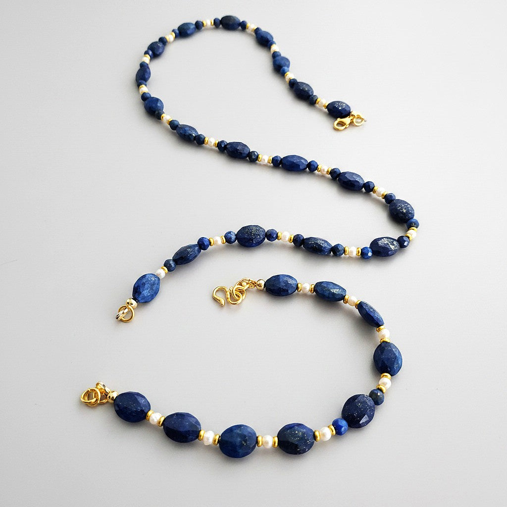Ensamble Lapis-Lazuli Naturel & Perles d'Eau Douce – Argent 925 Plaqué Or