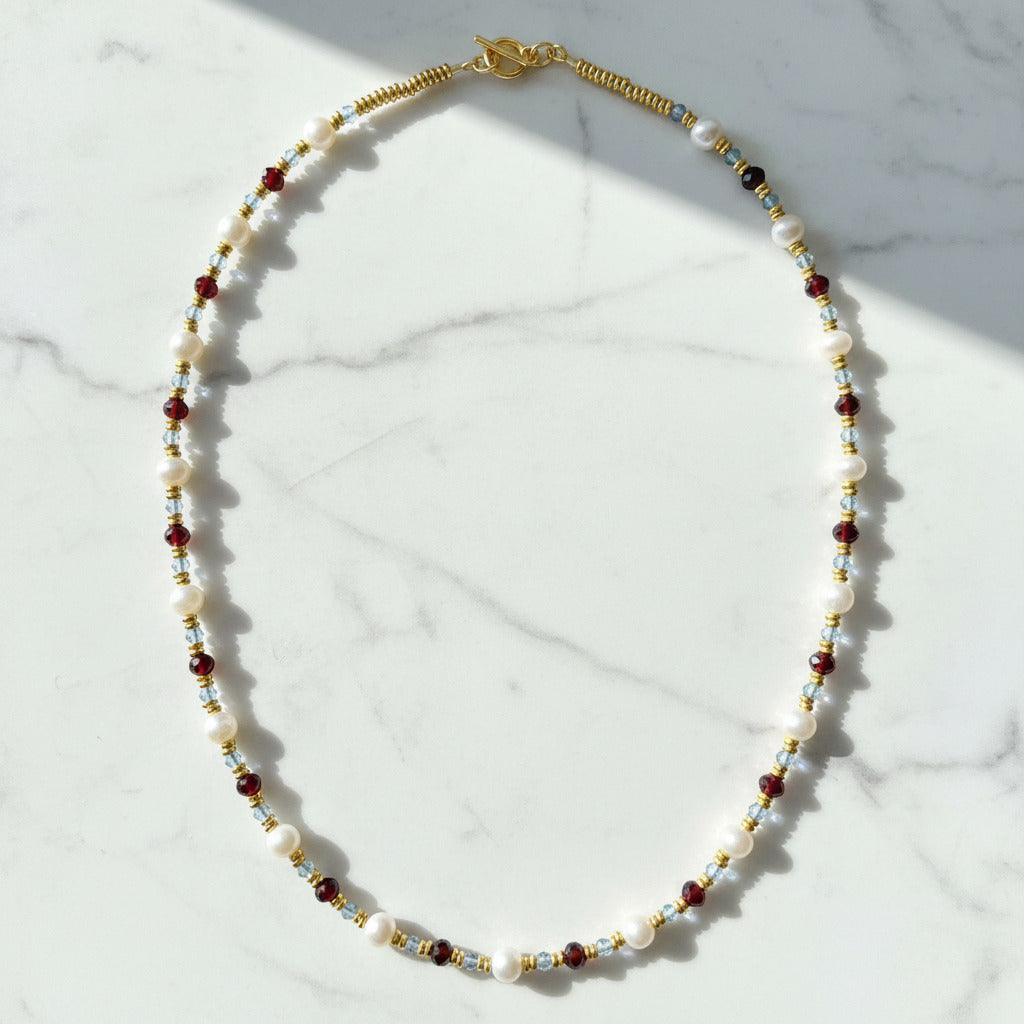 Collier - Perles d'Eau Douce Naturelles, Grenat, Iolite & Argent