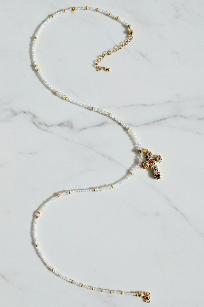 Collier - Labradorite, Citrine Naturelles & Pendentif Croix Dorée 16K Multicolore