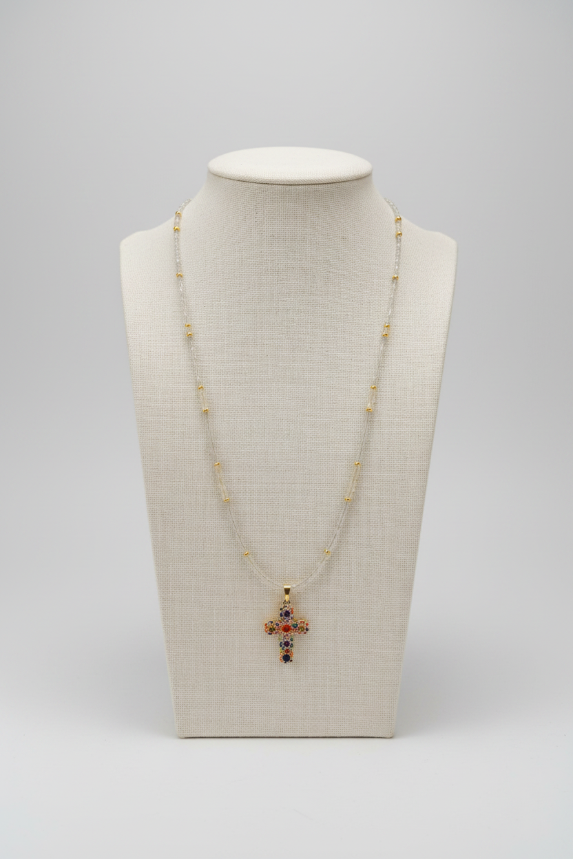 Collier - Labradorite, Citrine Naturelles & Pendentif Croix Dorée 16K Multicolore