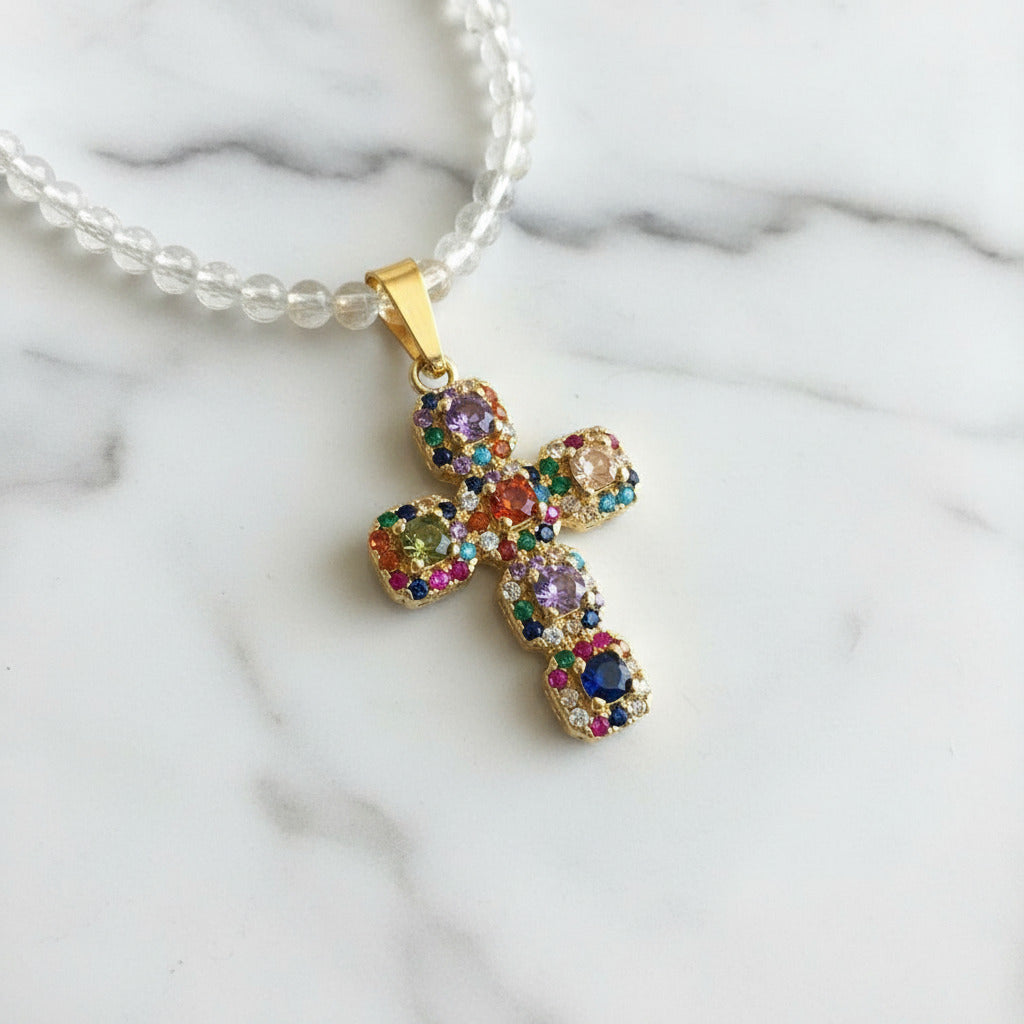 Collier - Labradorite, Citrine Naturelles & Pendentif Croix Dorée 16K Multicolore