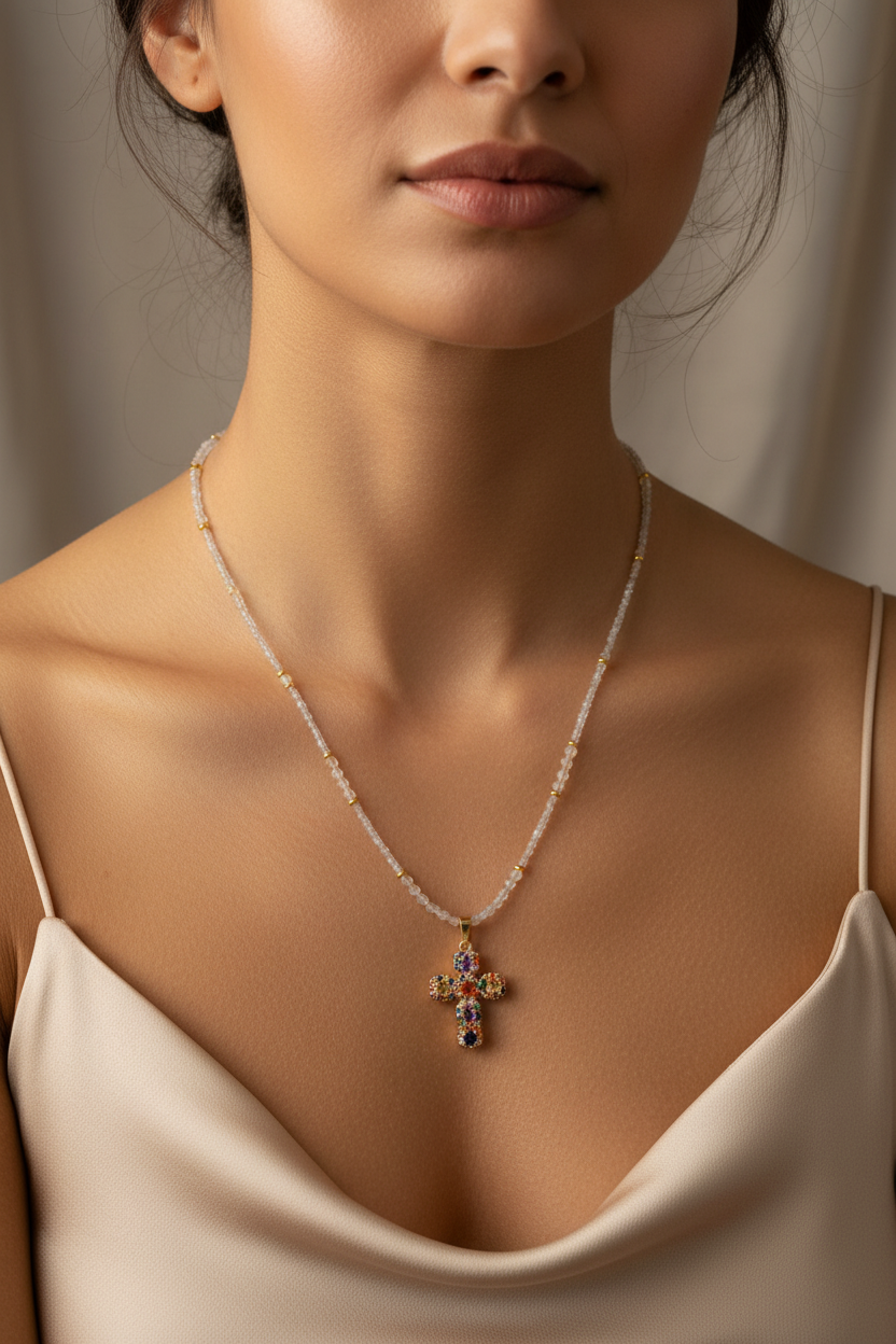 Collier - Labradorite, Citrine Naturelles & Pendentif Croix Dorée 16K Multicolore