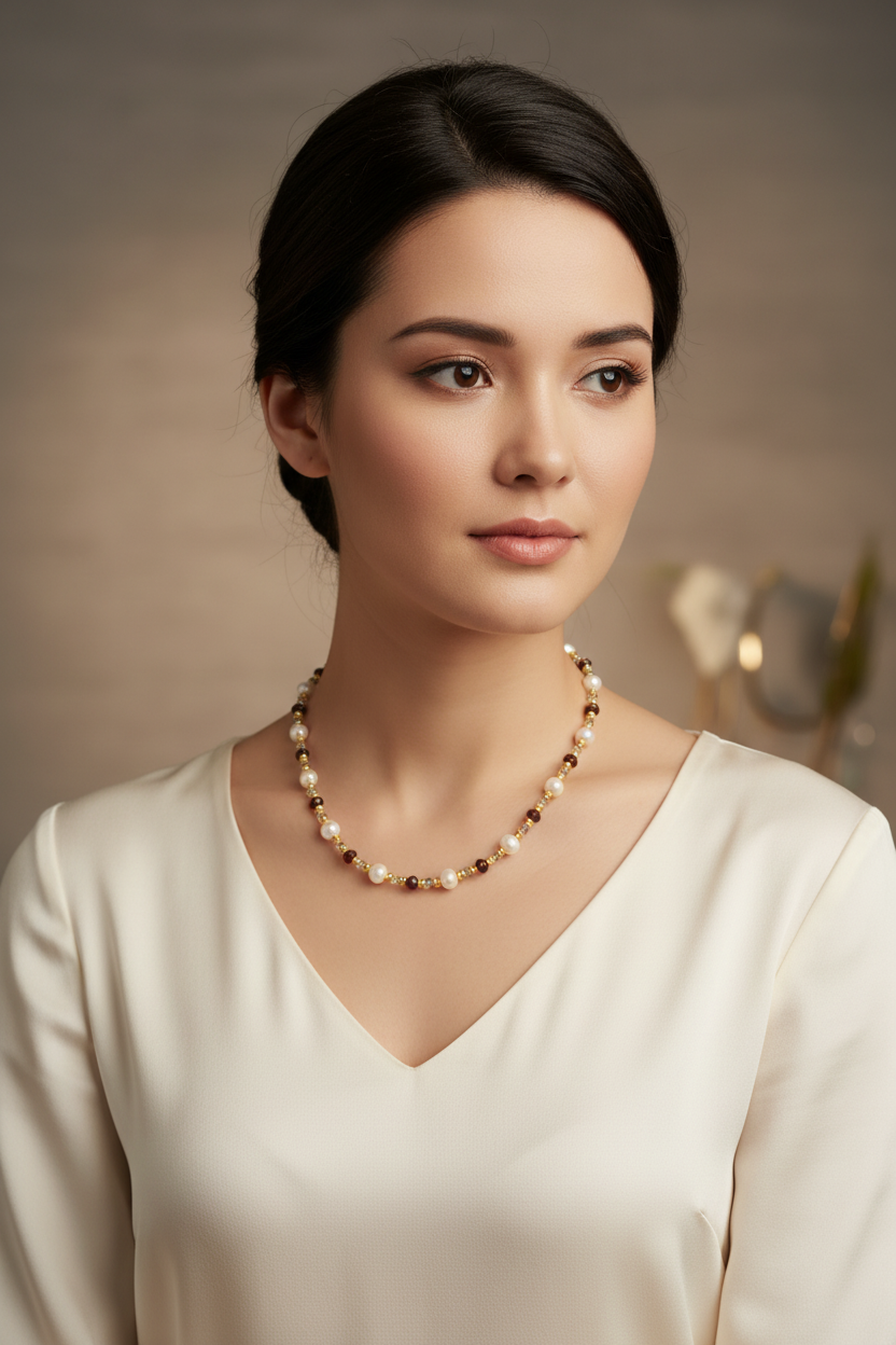 Collier - Perles d'Eau Douce Naturelles, Grenat, Iolite & Argent