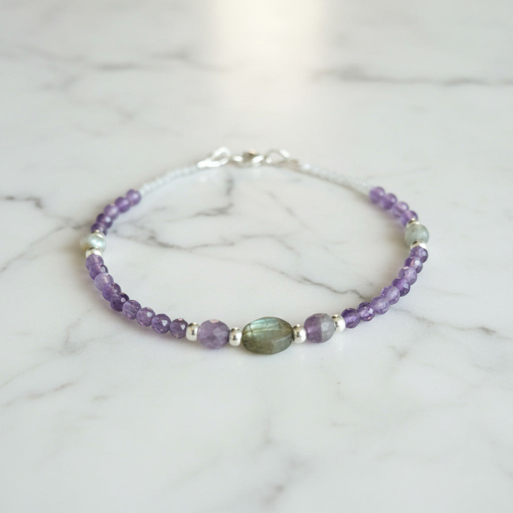 Bracelet - Améthyste Naturelle Facettée, Labradorite & Argent 925