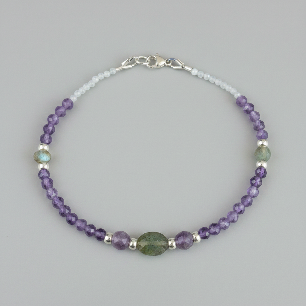 Bracelet - Améthyste Naturelle Facettée, Labradorite & Argent 925