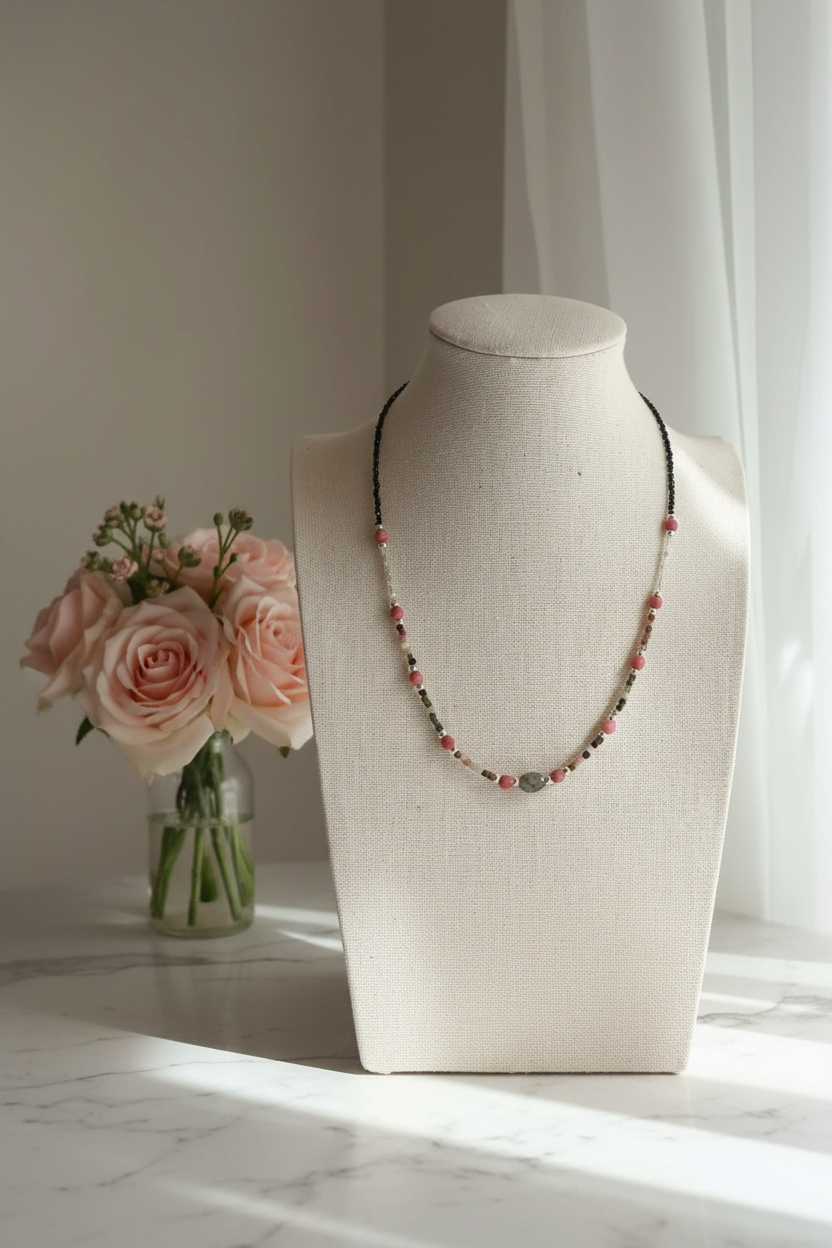 Collier - Tourmaline, Rhodolite Naturelle & Argent
