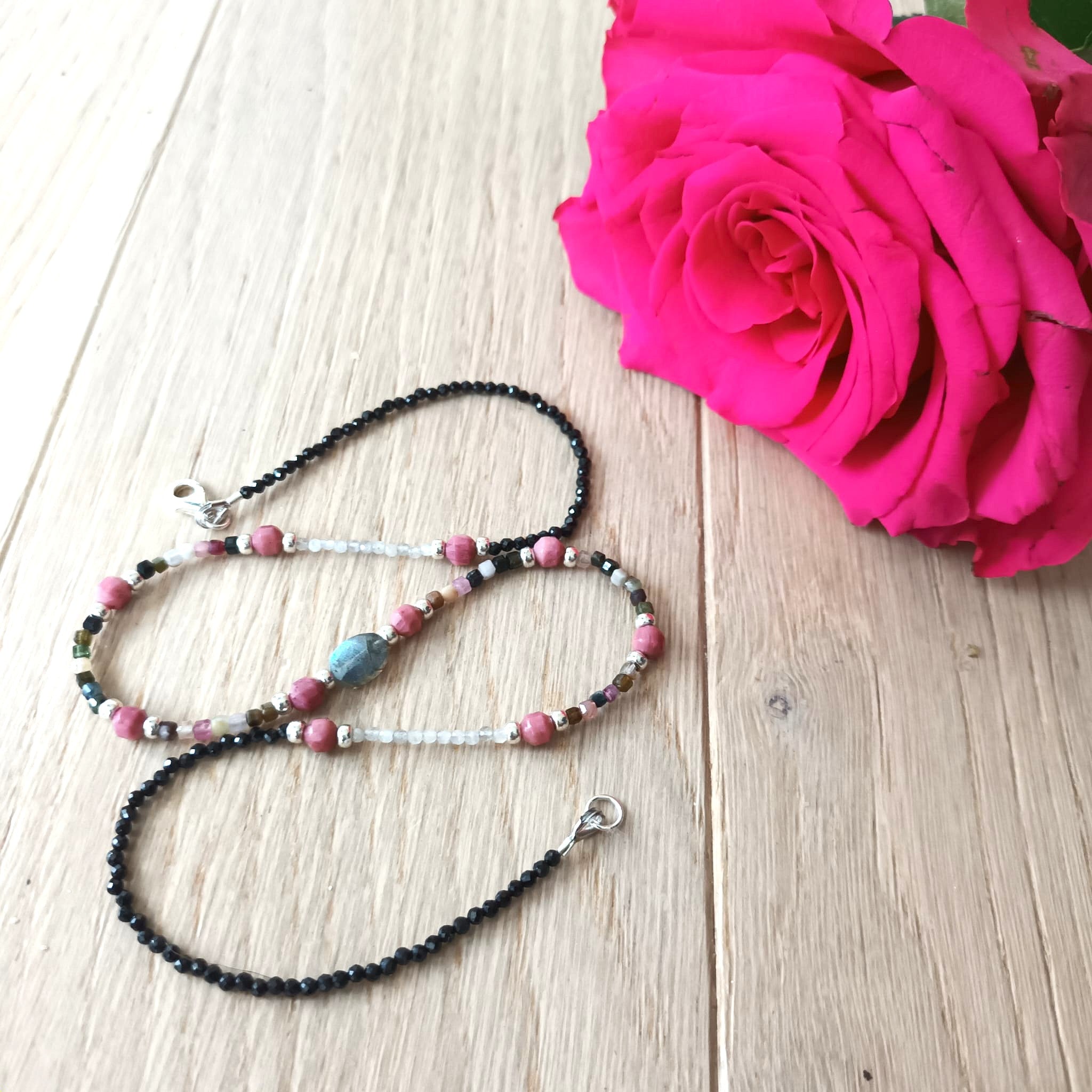 Collier - Tourmaline, Rhodolite Naturelle & Argent
