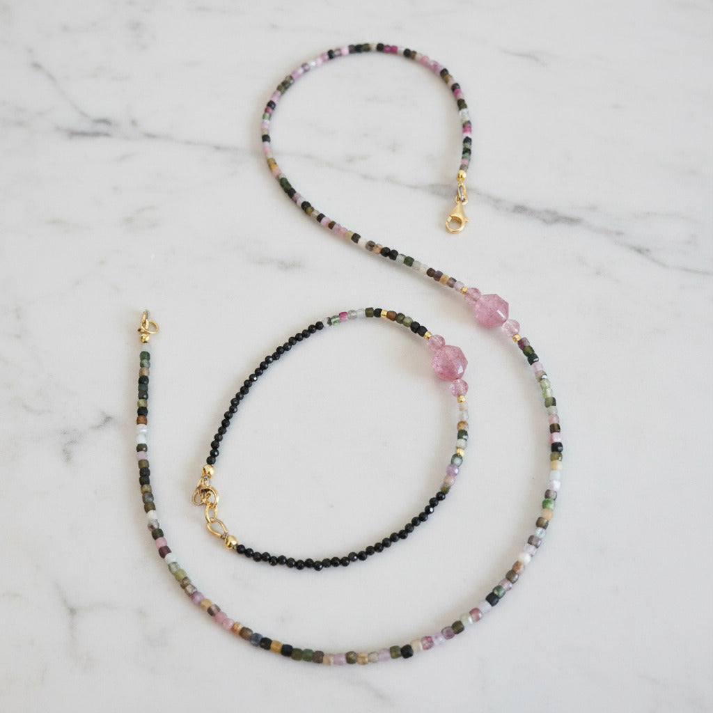 Parure - Collier & Bracelet Spinelle, Tourmaline Cubique & Agent Plaqué Or
