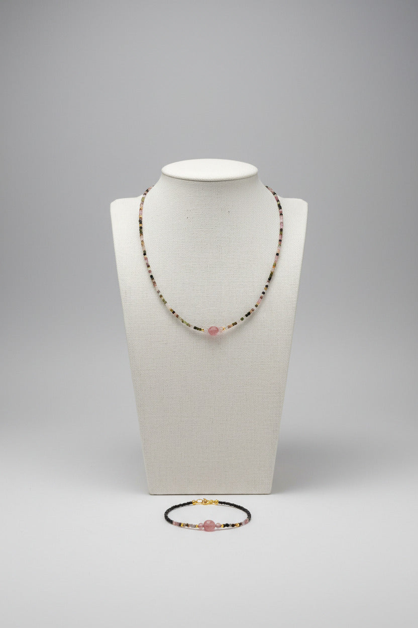 Parure - Collier & Bracelet Spinelle, Tourmaline Cubique & Agent Plaqué Or
