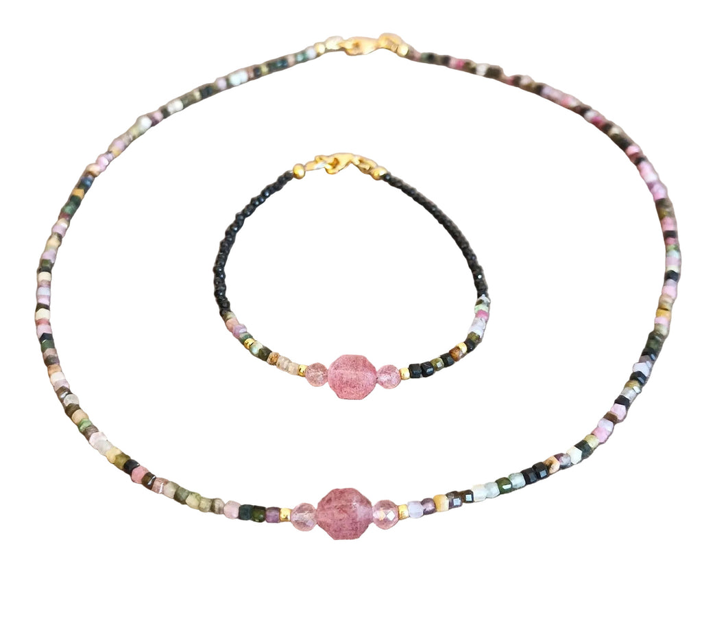 Parure - Collier & Bracelet Spinelle, Tourmaline Cubique & Agent Plaqué Or