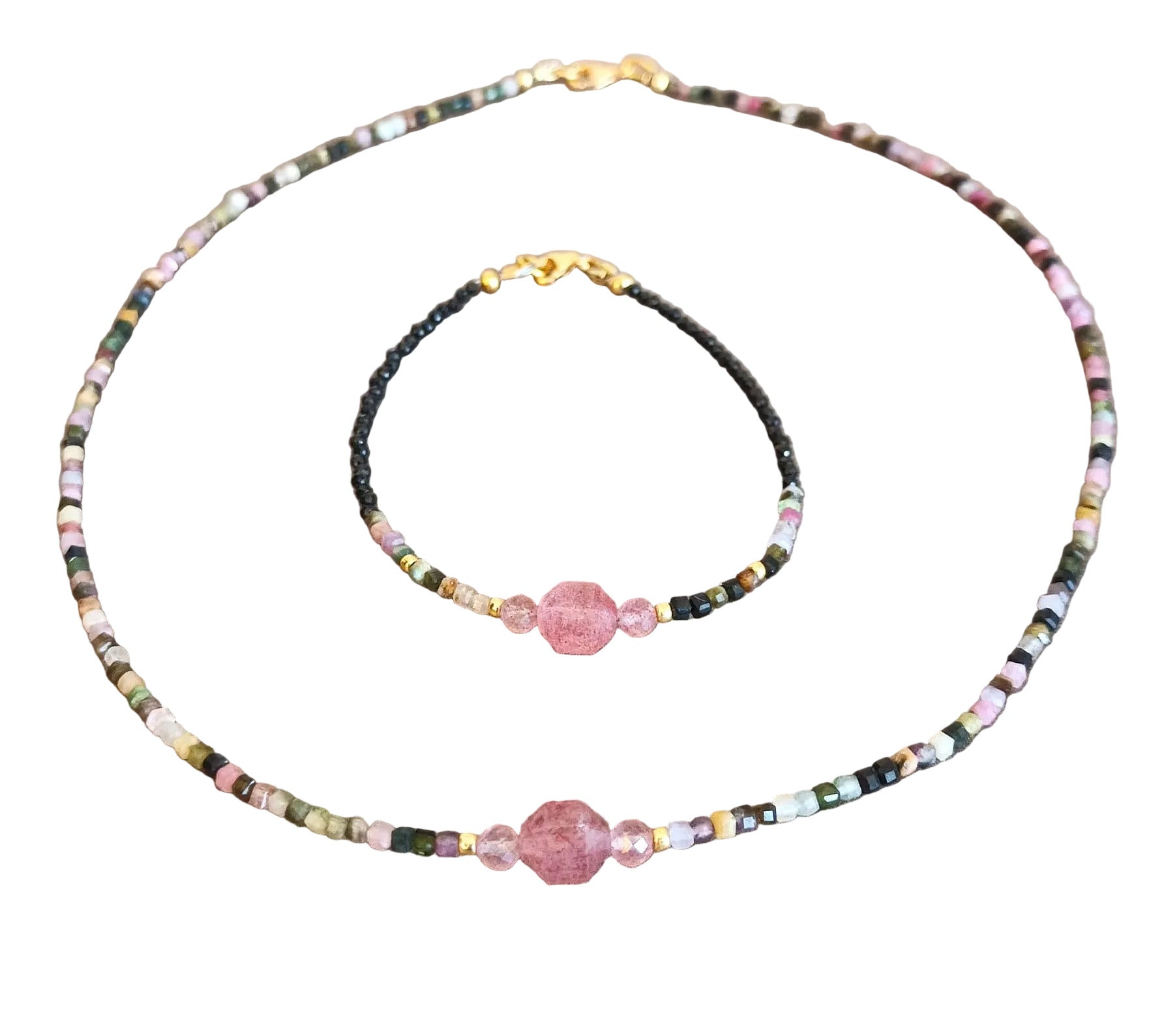 Parure - Collier & Bracelet Spinelle, Tourmaline Cubique & Agent Plaqué Or