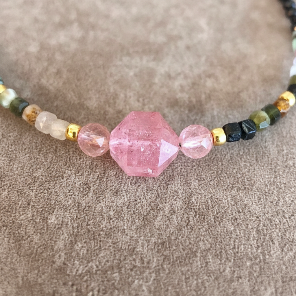 Parure - Collier & Bracelet Spinelle, Tourmaline Cubique & Agent Plaqué Or