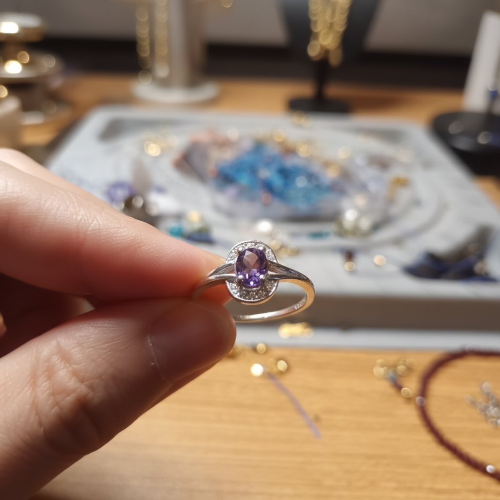 Bague avec améthyste naturelle et zircons (CZ) Argent 925 Rhodié