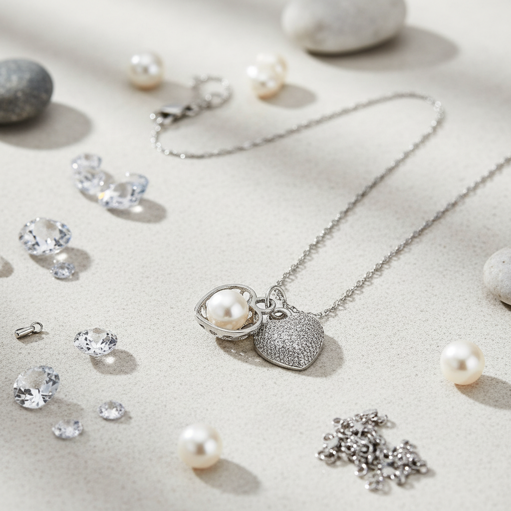 Silver necklace with heart and pearl pendants on a light surface with pearls and crystals.