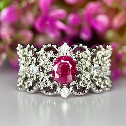 Bague "Altesse Royale" - Rubis Naturel & Finition (CZ) Rhodium Plated