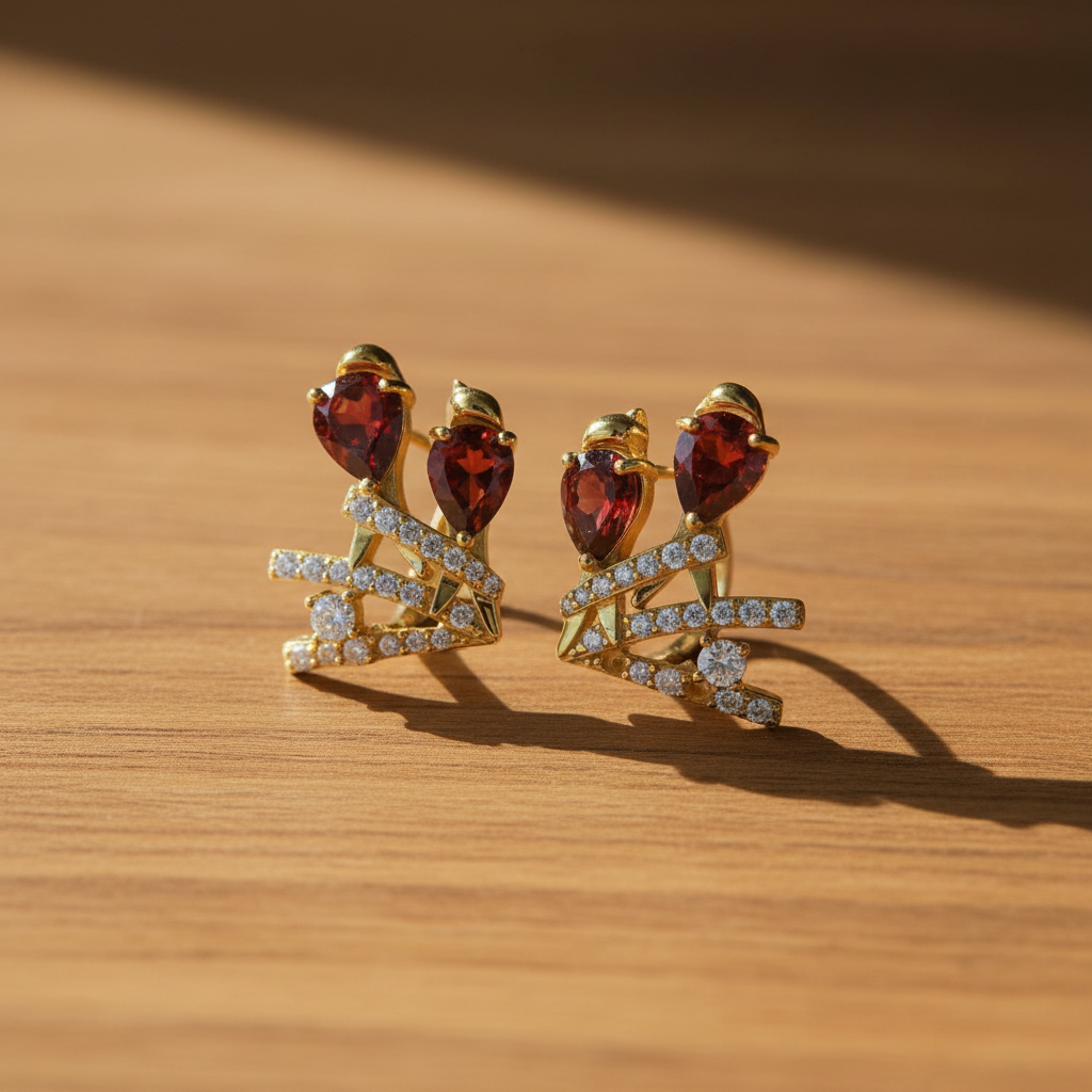 Boucles d'Oreilles - Grenat Rhodolite Naturel, Zirconium & Argent 925 Plaqué Or