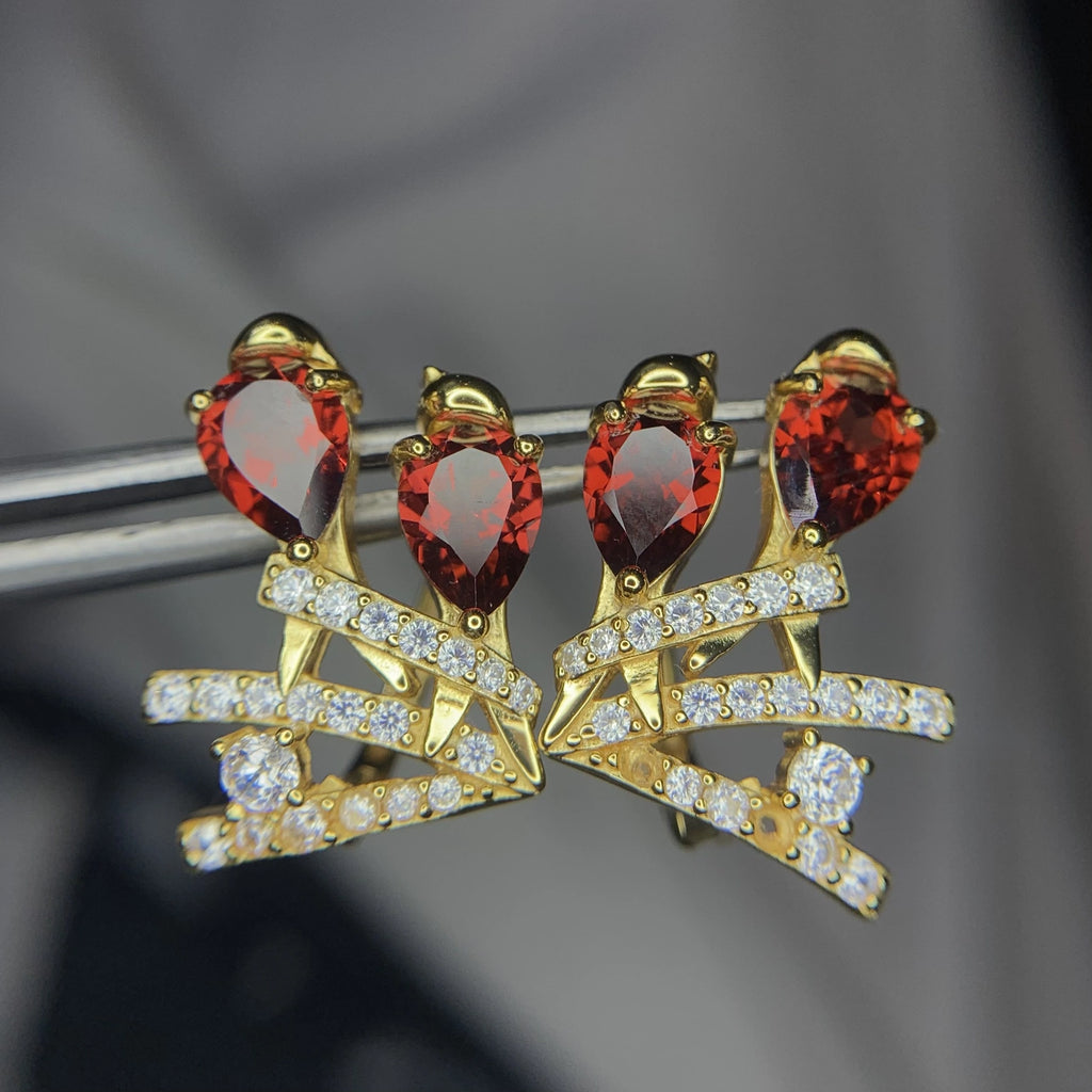 Boucles d'Oreilles - Grenat Rhodolite Naturel, Zirconium & Argent 925 Plaqué Or