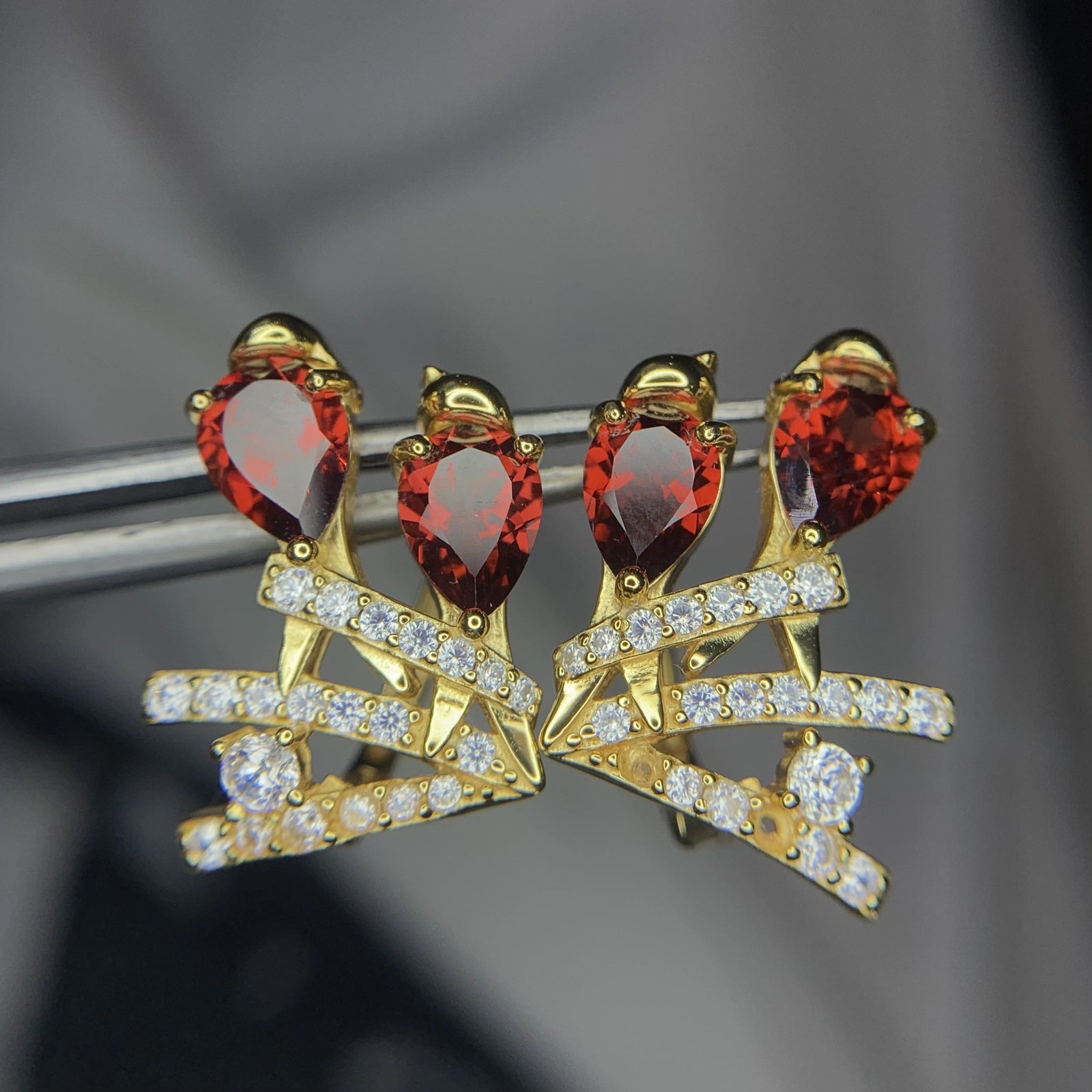 Boucles d'Oreilles - Grenat Rhodolite Naturel, Zirconium & Argent 925 Plaqué Or