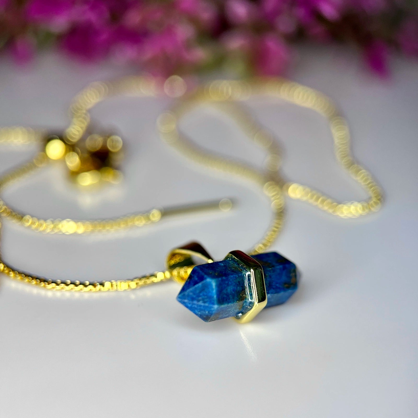 Collier Pendentif - Lapis-Lazuli Véritable &amp; Métal Rhodié