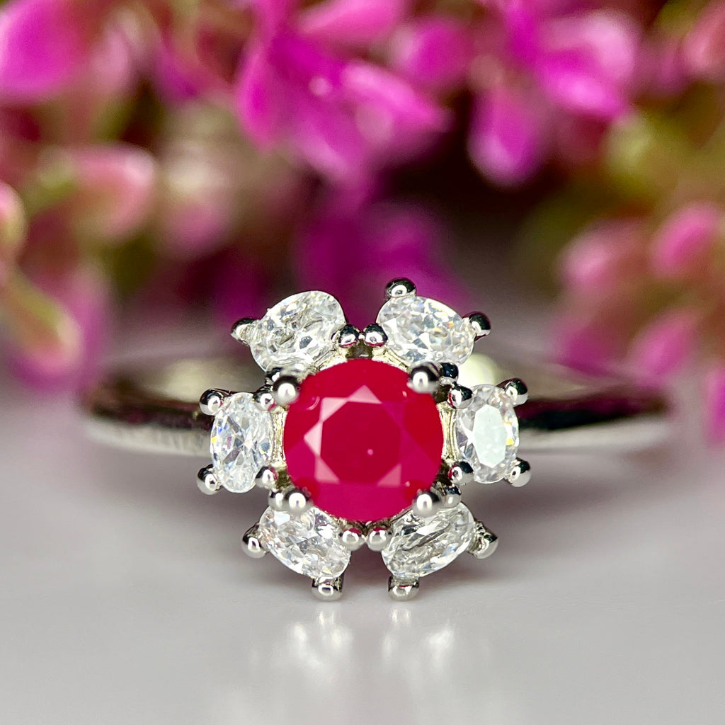 Bague ajustable Rubis & Halo de Zirconium - Argent Rhodié