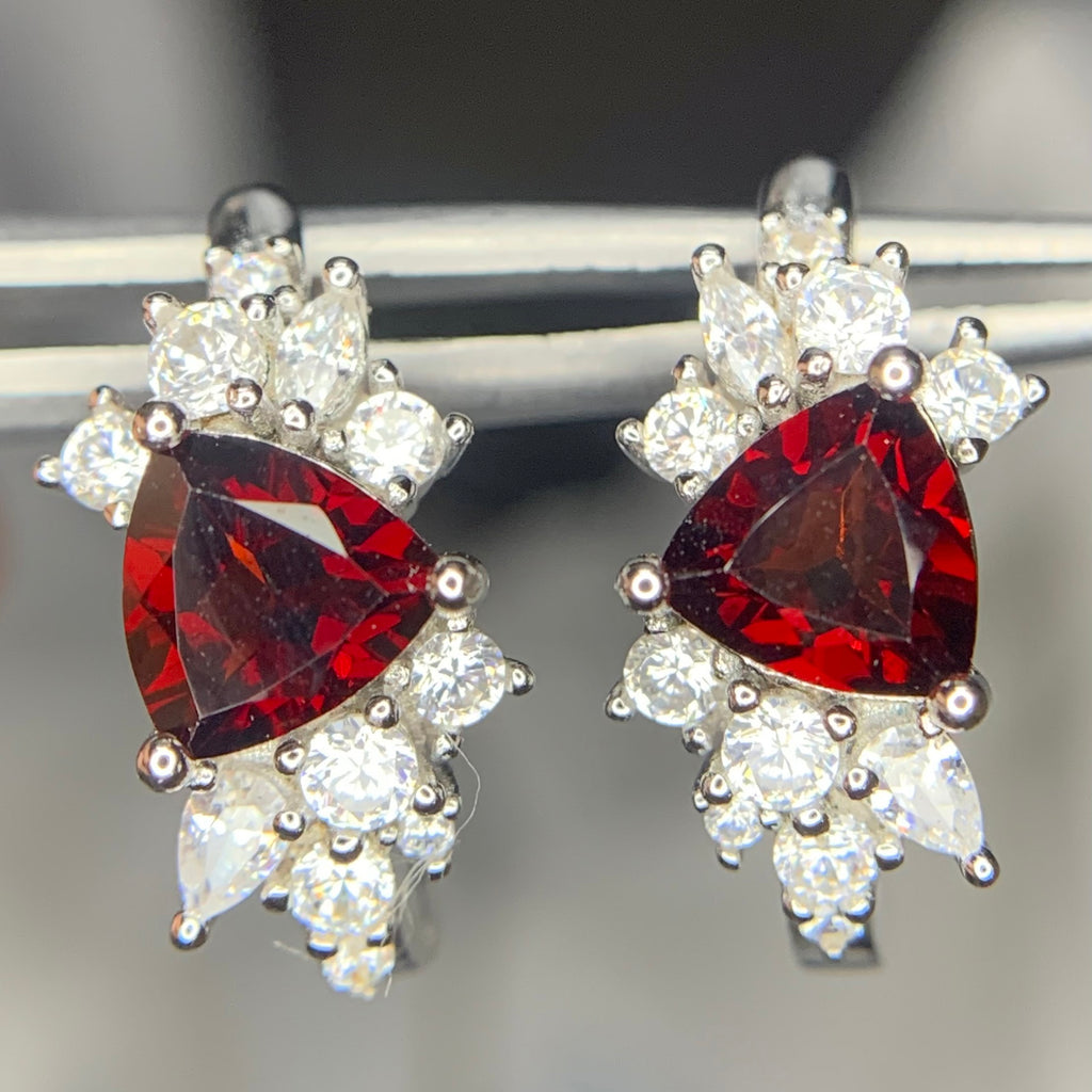 Boucles d'Oreilles - Grenat Naturel, Zirconium (CZ) & Argent Plaqué Rhodium