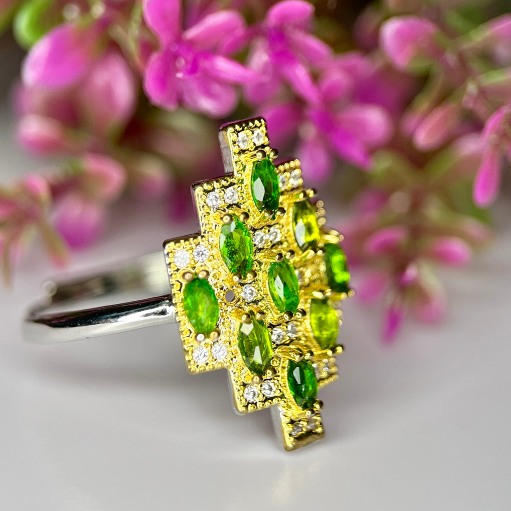 Bague ajustable en Diopside Chrome Naturel et Argent Rhodié