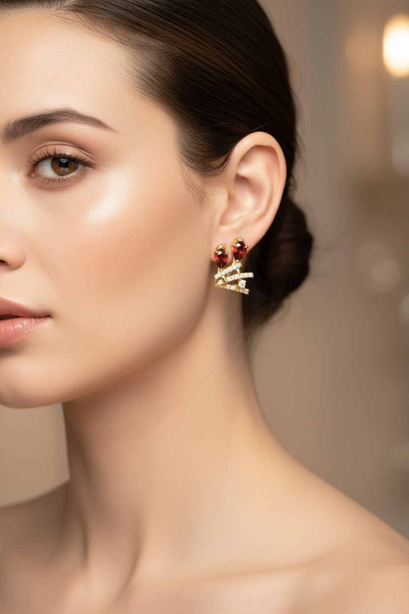 Boucles d'Oreilles - Grenat Rhodolite Naturel, Zirconium & Argent 925 Plaqué Or