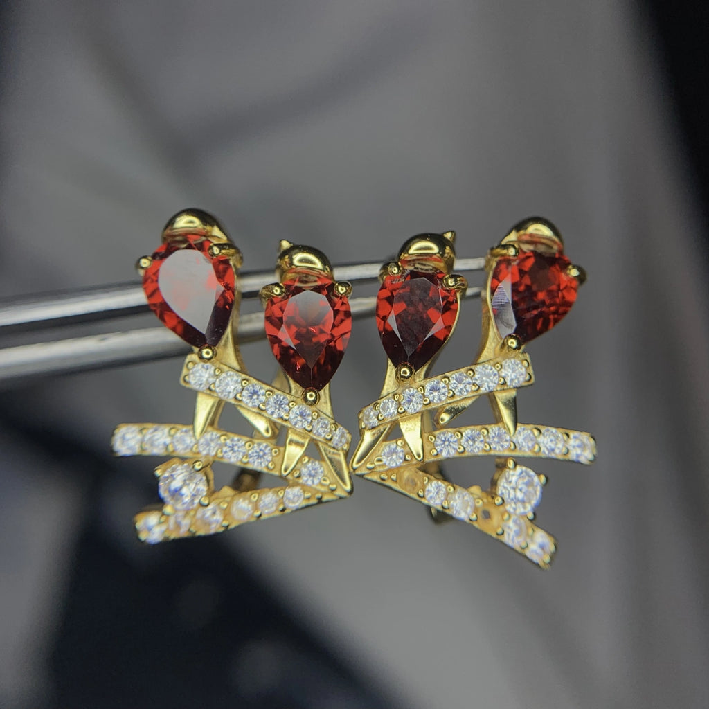 Boucles d'Oreilles - Grenat Rhodolite Naturel, Zirconium & Argent 925 Plaqué Or