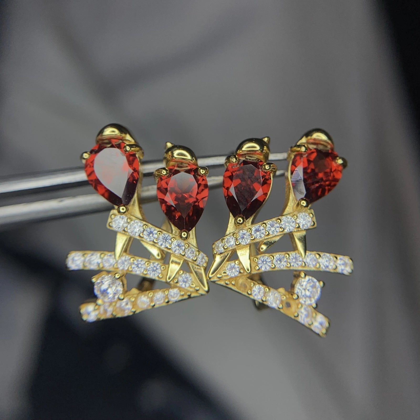 Boucles d'Oreilles - Grenat Rhodolite Naturel, Zirconium & Argent 925 Plaqué Or