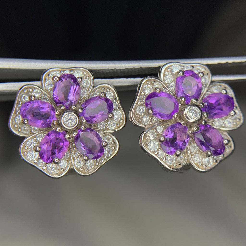 Boucles d'Oreilles Puces avec Améthyste Naturelle et Zirconium en Argent 925 Plaqué Rhodium