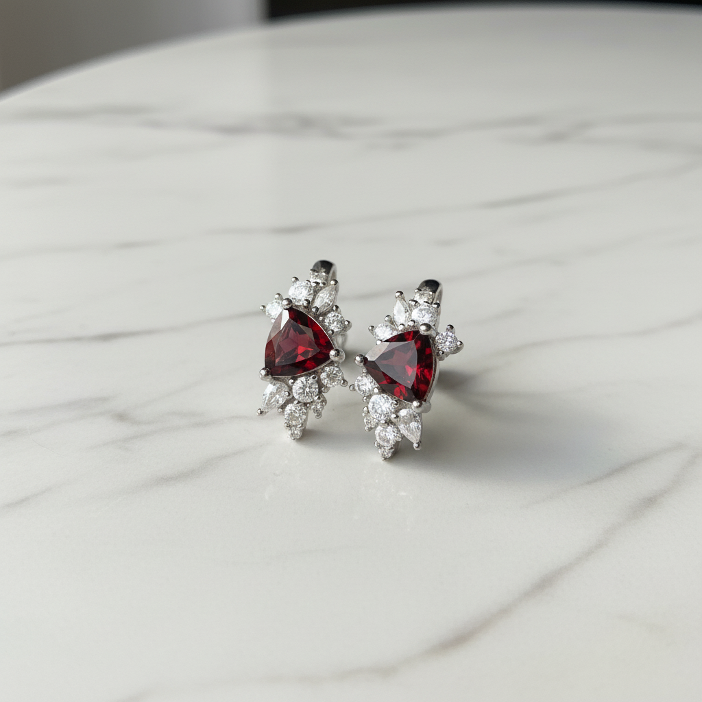Boucles d'Oreilles - Grenat Naturel, Zirconium (CZ) & Argent Plaqué Rhodium