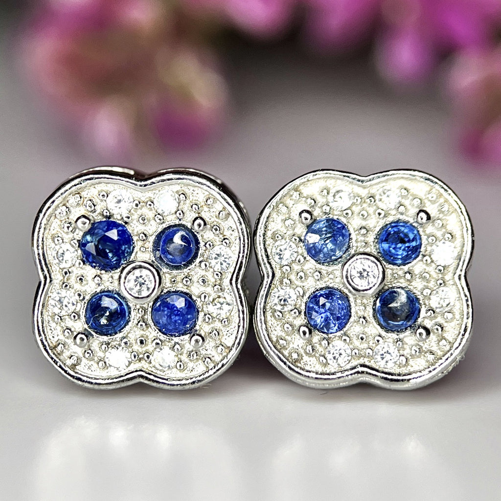 Boucles d'oreilles Saphir Naturel & Halo de Zirconium - Argent Rhodié