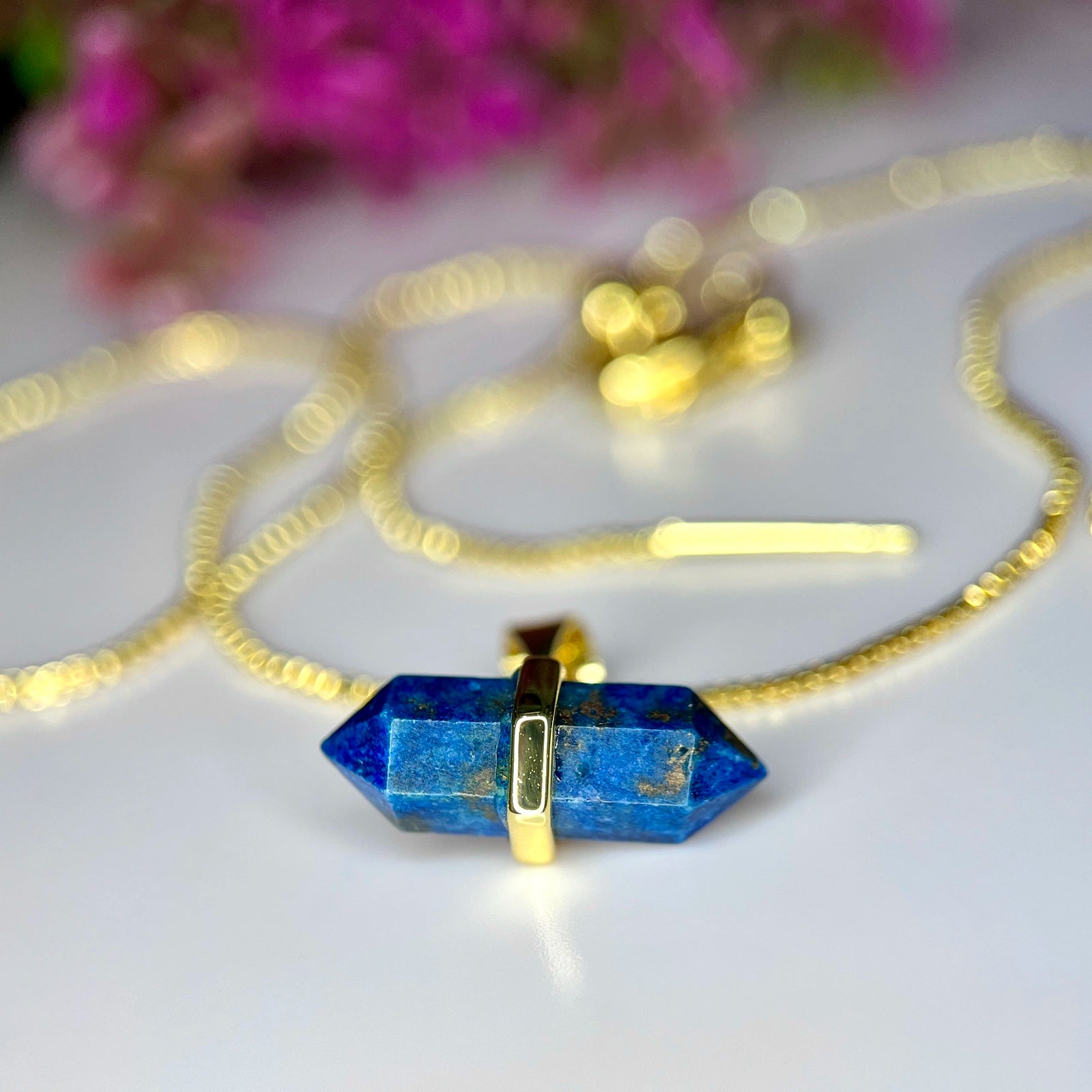 Collier Pendentif - Lapis-Lazuli Véritable &amp; Métal Rhodié