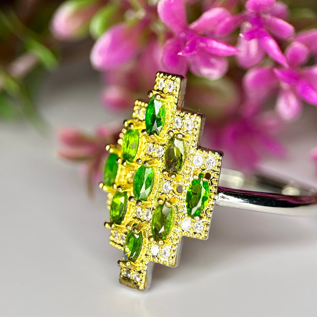 Bague ajustable en Diopside Chrome Naturel et Argent Rhodié
