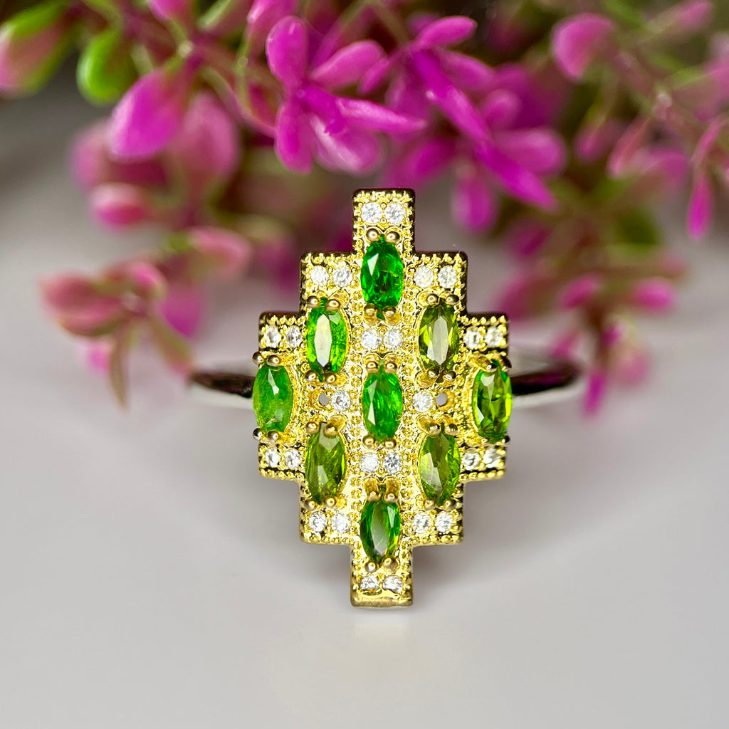 Bague ajustable en Diopside Chrome Naturel et Argent Rhodié