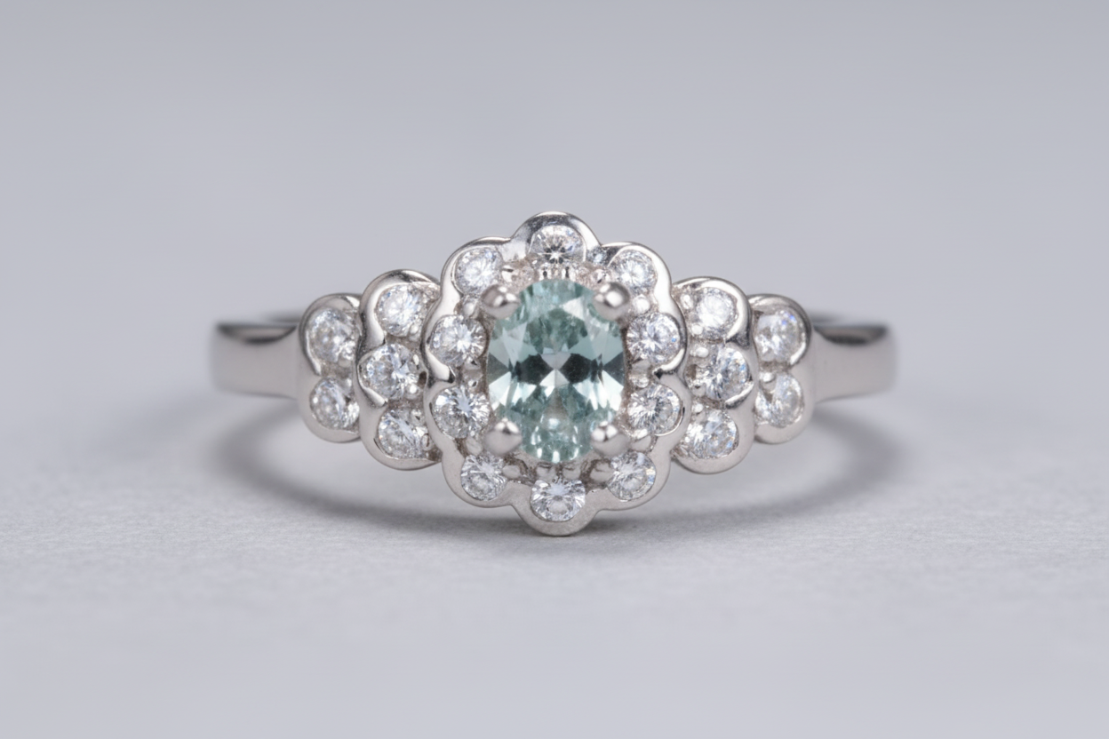 Silver ring with a central blue gemstone and diamond-studded floral design on a light gray background